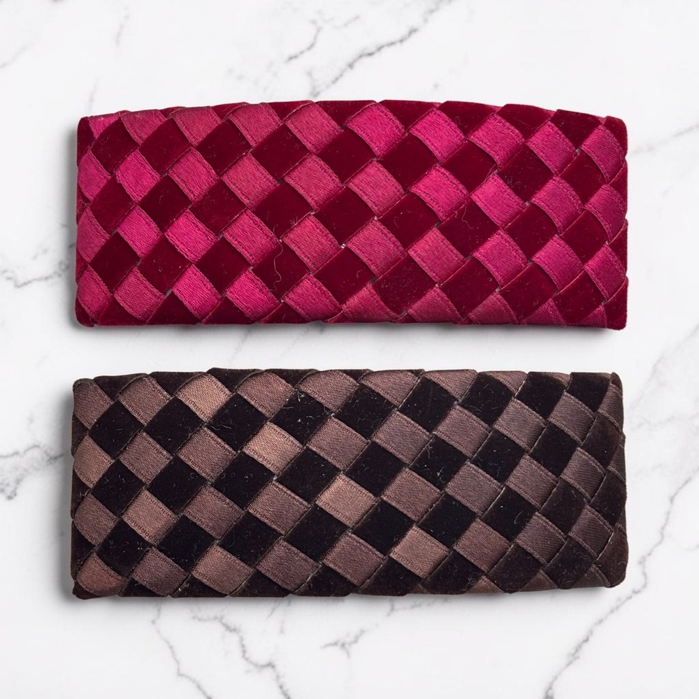 Velvet Satin Woven Intrecciato-Inspired Hair Clips Barrettes Set of 2 Red Brown